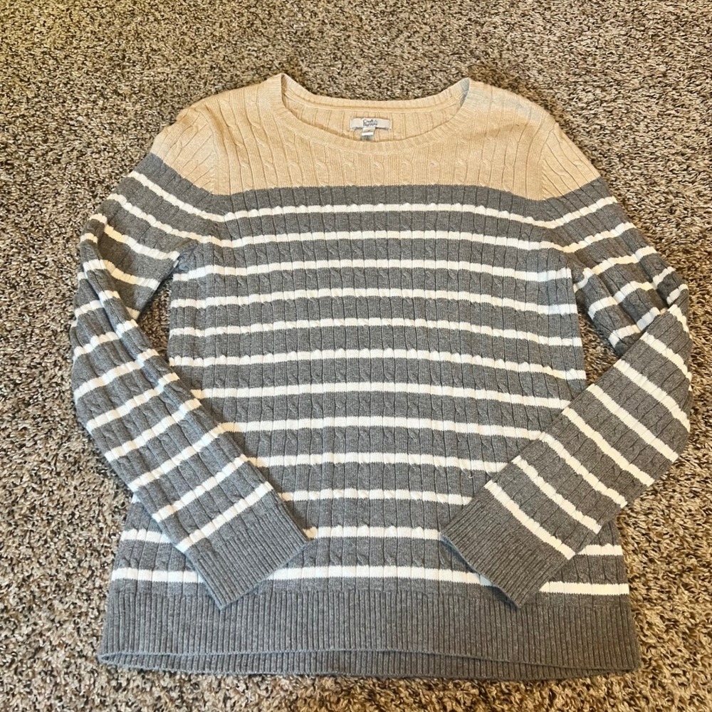 Croft & Barrow Women Sweater Sz M Striped Cable Knit Tan Gray White‎ Long Sleeve